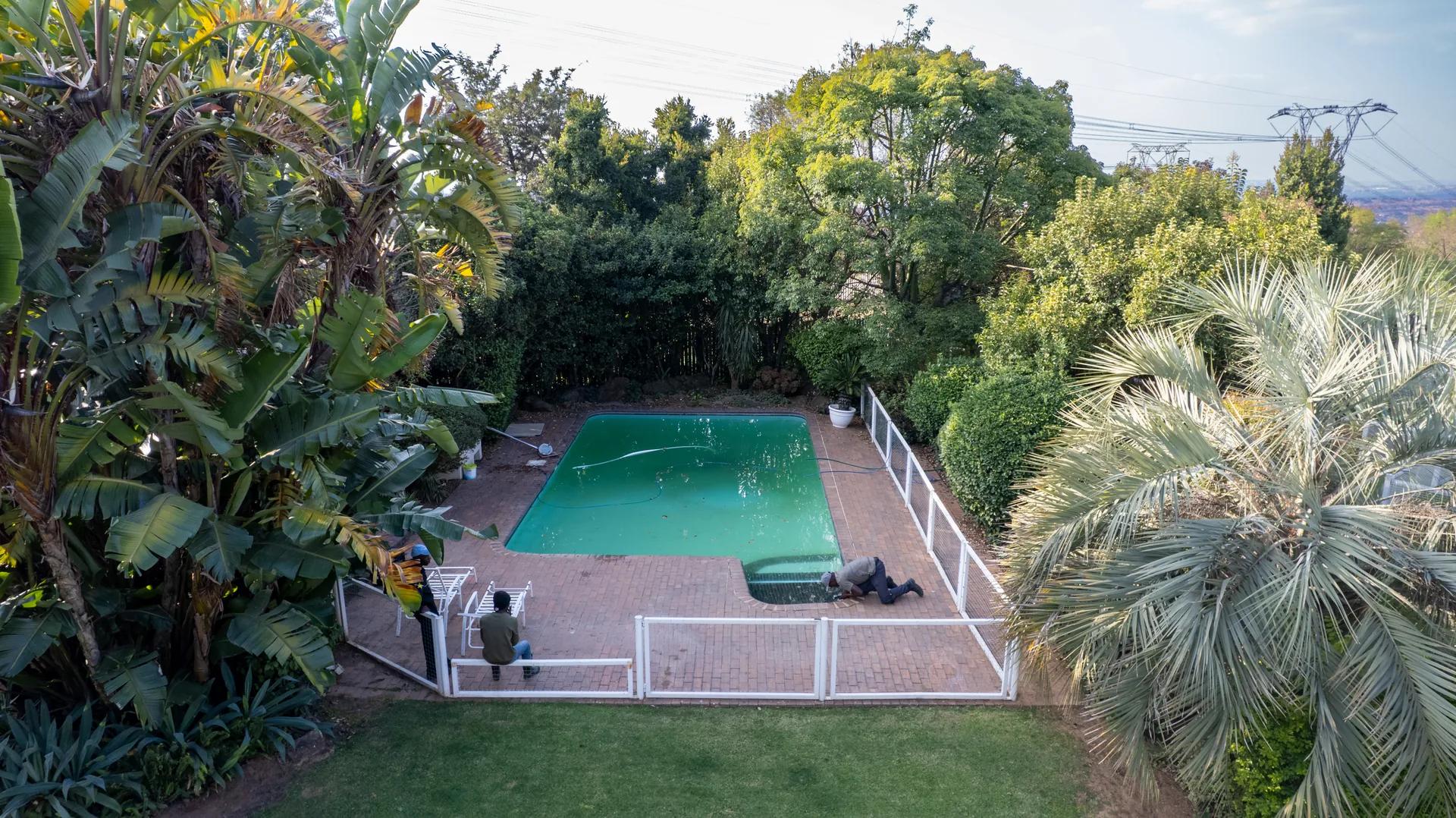 Aerial view of the Source Leak Detection team working a residential pool leak in a mature Pretoria garden